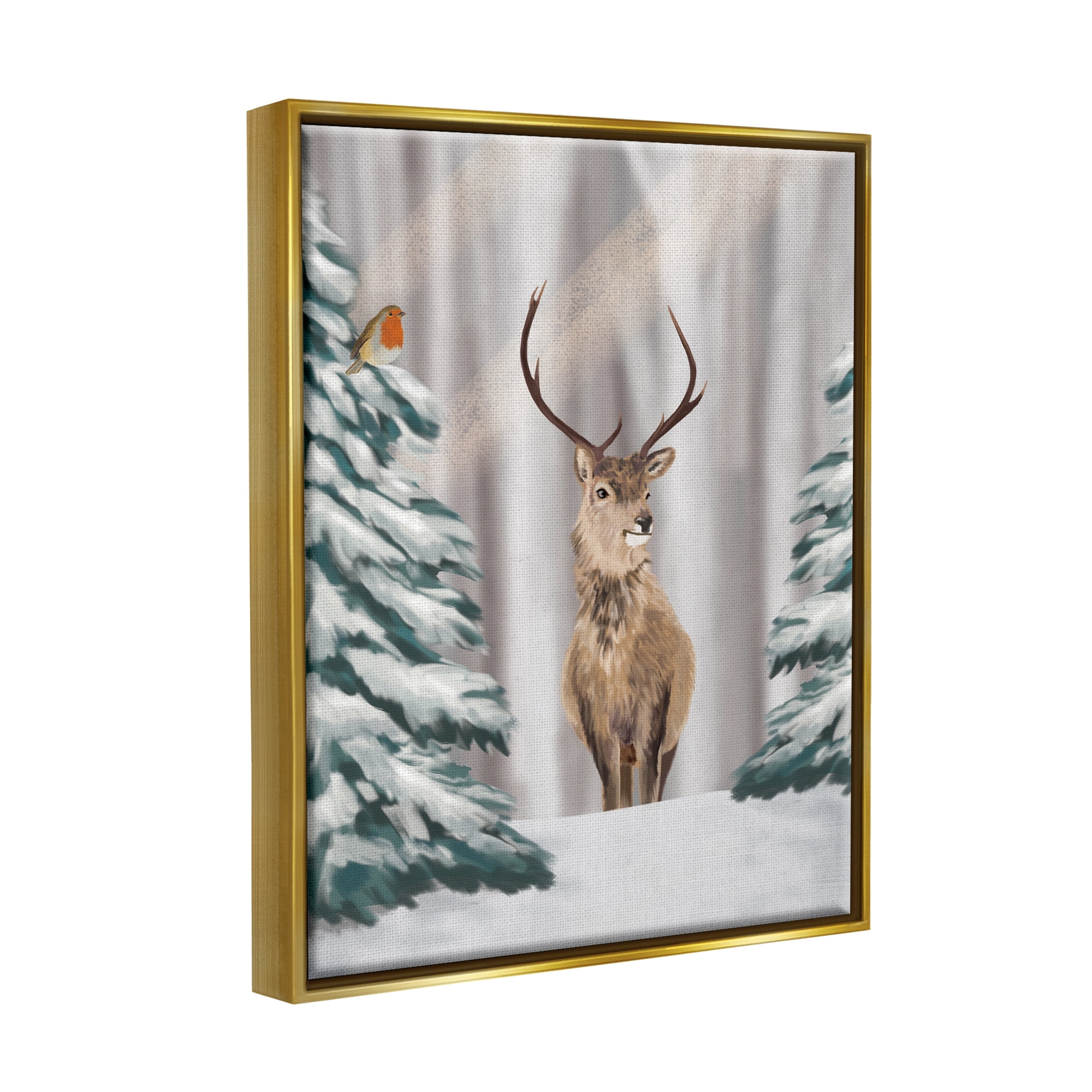 Stupell Industries Seasonal Deer Winter Landscape Holiday Painting Gold Floater Framed Art Print Wall Art