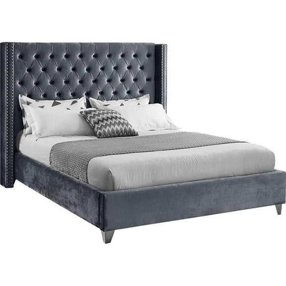 Maklaine Solid Wood Tufted Velvet Wing Back Full Bed in Gray