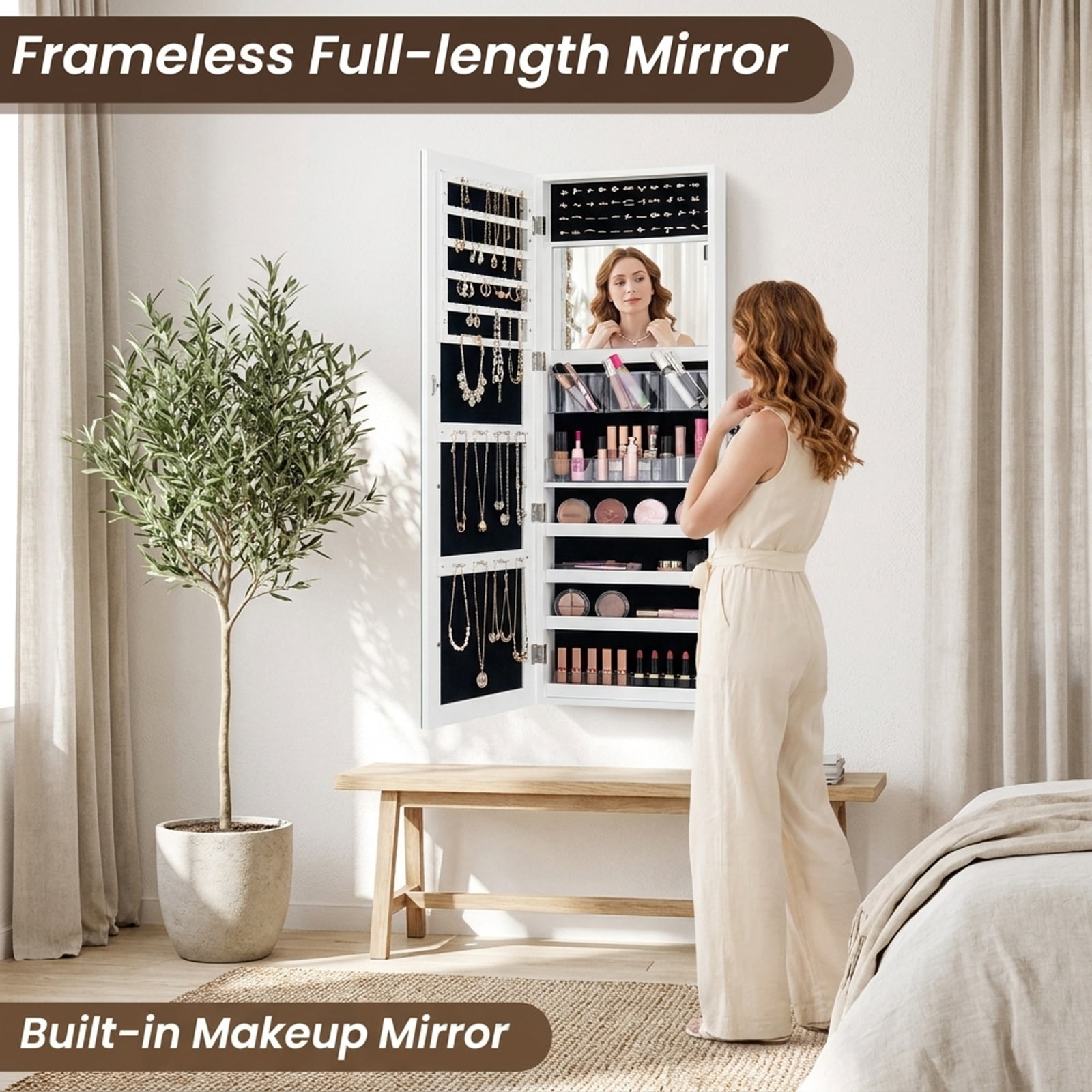 Furnibear 43.5 Inch Jewelry Mirror Cabinet with Full-length Mirror and Adjustable Hangers for Bedroom Dressing Room Jewelry Necklace Rings, White