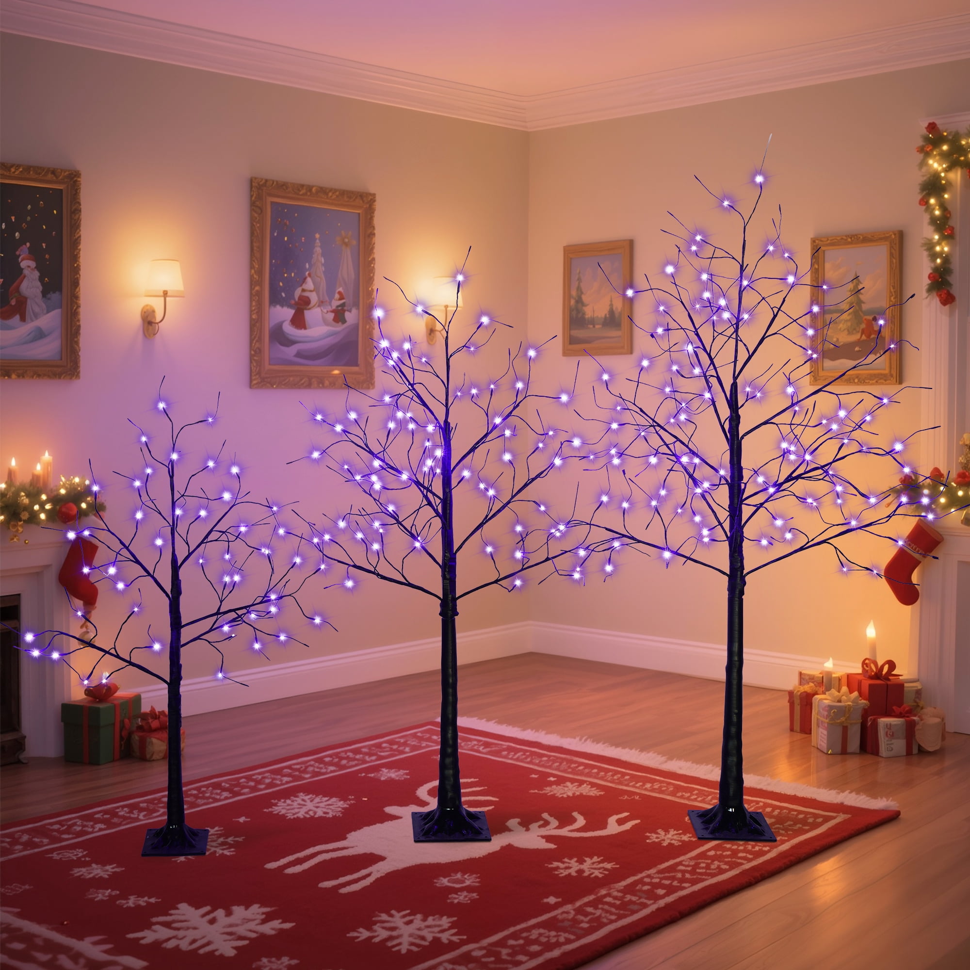 Euroco 3 Pac Halloween Spooky Tree with Purple Lights, 4FT 5FT and 6FT, Lighted Black Tree for Halloween Decoration