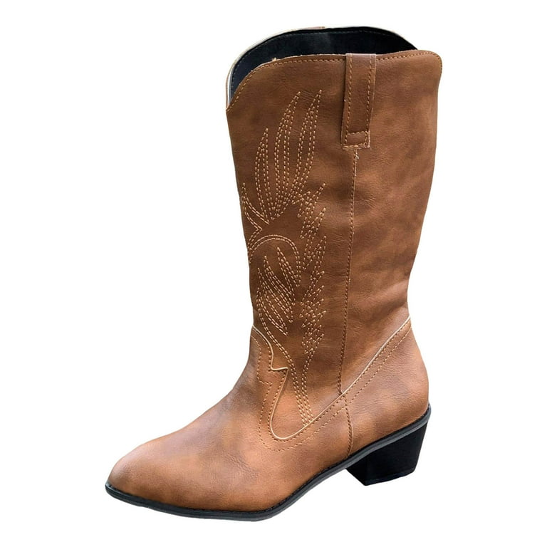 yocbz Women Cowboy Boots Women's Mid Calf Boots Low Heel Riding
