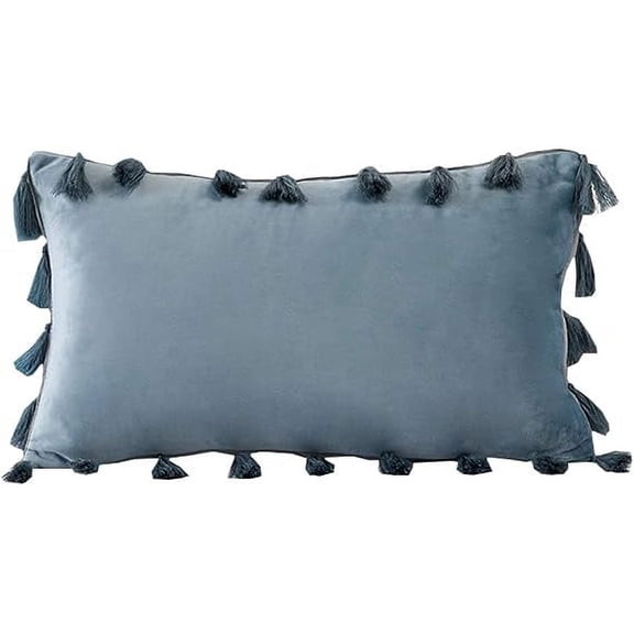 ERDOUY Velvet Soft Solid Decorative Throw Pillow Cover with Tassels Boho Accent Cushion Case for Couch Bedroom Car Water Blue 12''x20''