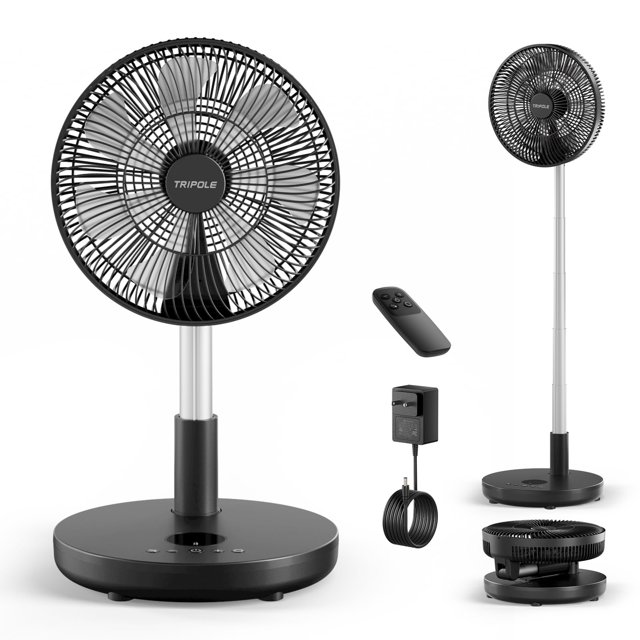 TriPole Ventilador de pie plegable de 12 pulgadas, ventilador de pedestal portátil con batería recargable con control remoto, ajuste de temporizador, altura ajustable, para oficina en casa, 6 velocida