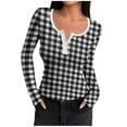 thumbnail image 1 of ShomPort Knitted Ribbed T-Shirt for Womens Long Sleeve Plaid Pattern Round Neck Button Slim Tops Trendy Lightweight Tees Blouses, 1 of 6