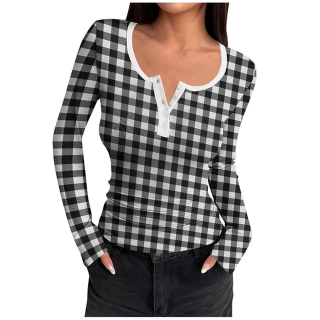 ShomPort Knitted Ribbed T-Shirt for Womens Long Sleeve Plaid Pattern Round Neck Button Slim Tops Trendy Lightweight Tees Blouses