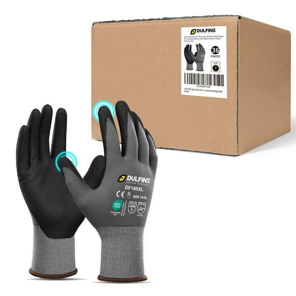 DULFINE Safety Work Gloves MicroFoam Nitrile Coated-36 Pairs Pack,Seamless Knit Nylon Glove with Black Micro-Foam Nitrile Grip,Ideal for General Purpose,Automotive,H