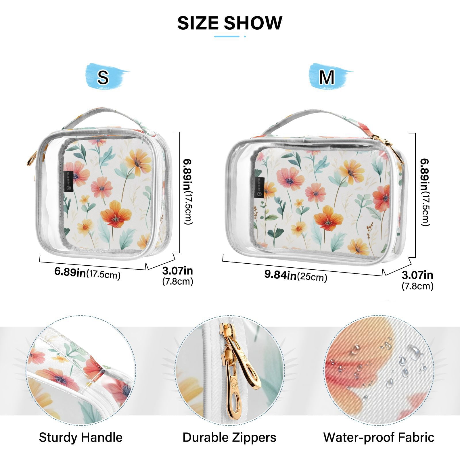 Clear Makeup Bags with Handle Large Opening 2 Pack Set Toiletry Bag Quart Size Bag, for Women Man Traveling Travel Essentials, Toiletries and Other. Watercolor Flower Pattern