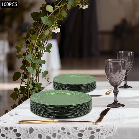 100Pcs Plastic Charger Plates Set 13 Inch Reusable Vintage Round Plates for Birthday Parties Holidays Weddings Table Decoration (Green)