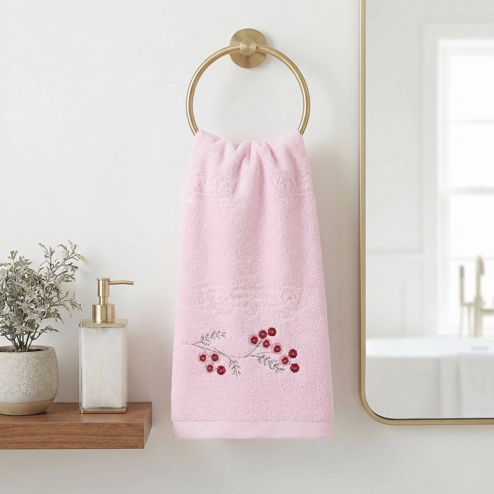 Unique Bargains Soft Absorbent Floral Cotton Hand Towels Pink 29" x 13"