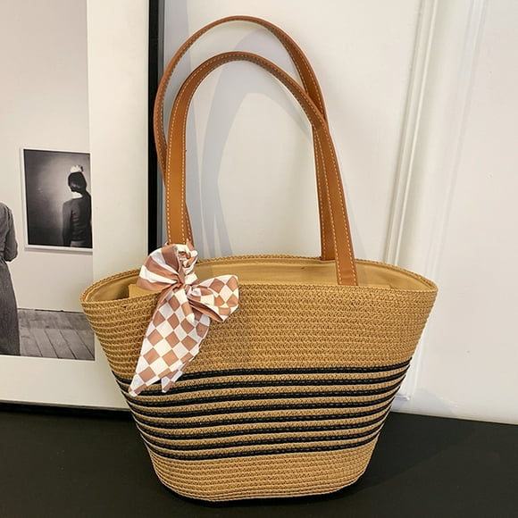 LNGOOR Sac Fourre-Tout en Paille pour Femmes, Grand Sac à Main de Plage au Crochet, Fermeture Éclair, Tissé, Sac à Main à Rayures, Sac Quotidien d'Été pour Dames