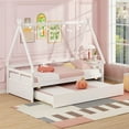 thumbnail image 1 of Gymax Twin Size House Bed w/ Trundle Roof & Safety Guardrail Wood Slat Support White, 1 of 10