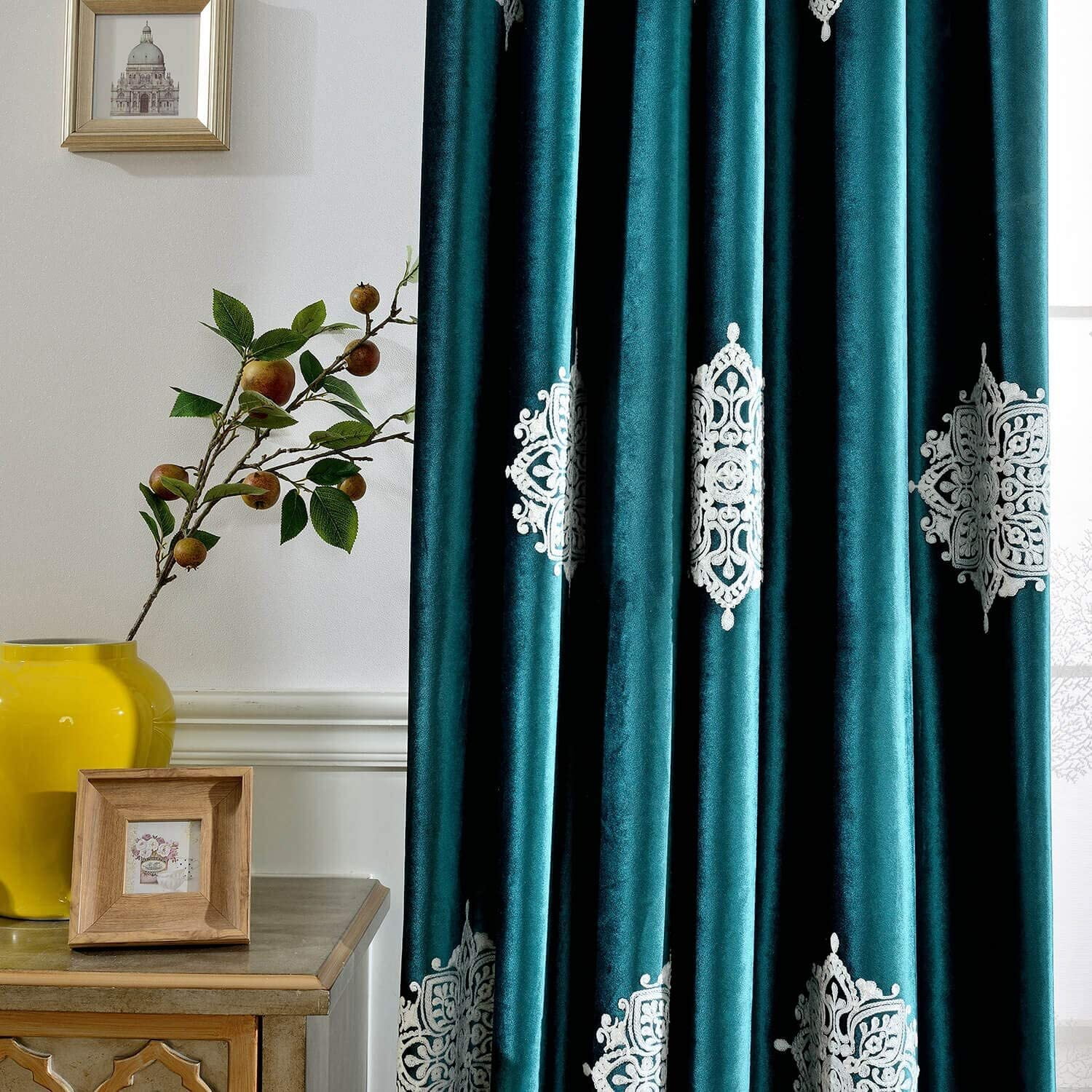 VOGOL European Floral Embroidered Curtains, Blackout Velvet Drapes Grommet for Bedroom Living Room, Modern Contemporary Grommet Window, 2 Panels, W52"xL63", Green