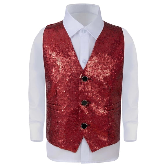 Teen Boys Sequin Vest Sparkly Vest Sleeveless Red Vest Jazz Hop Disco Party Stage Performance Vest Waistcoat 13-14 Years