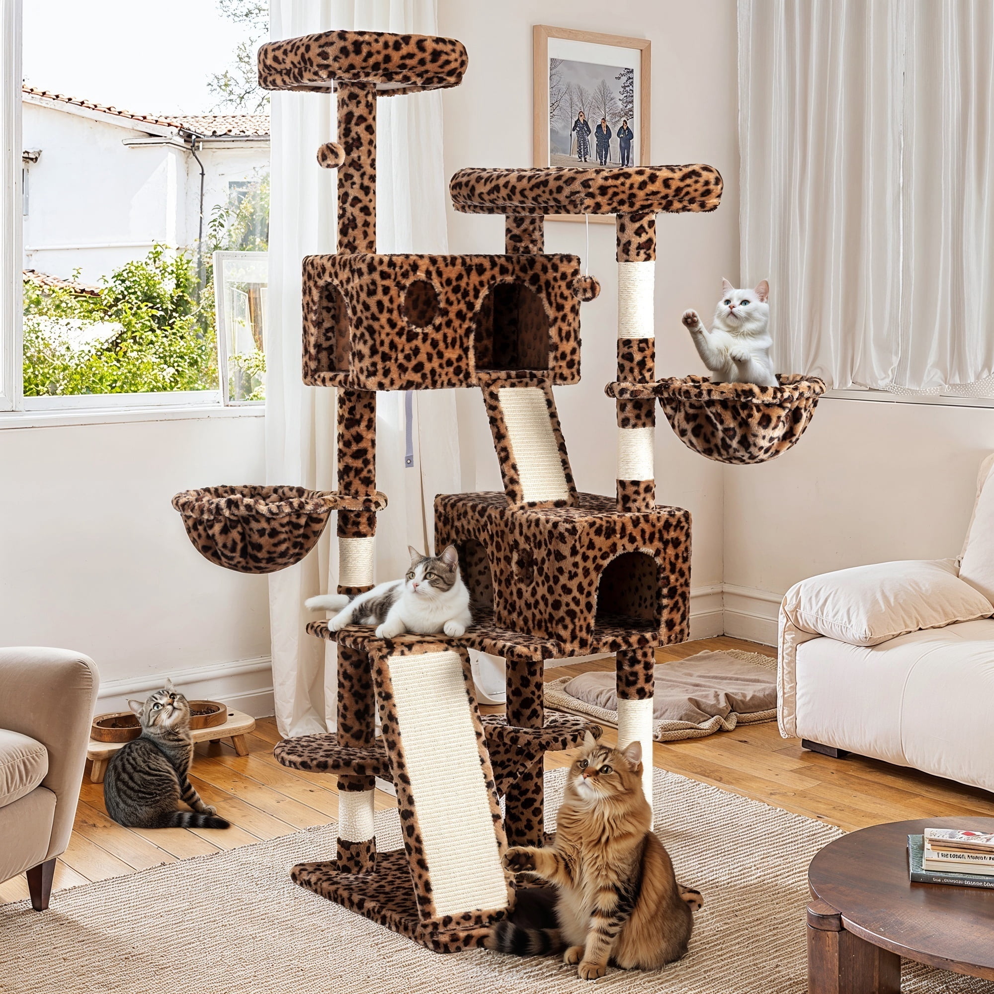 Einfach 65.7" Large Cat Tree and Tower for Cats, Condo House with Hammock, 2 Scratching Boards & 5 Scratching Posts, Leopard Print