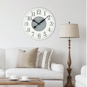 Mainstays Indoor Round 23.5\ White and Gray Arabic Wainscot Farmhouse Analog Wall Clock