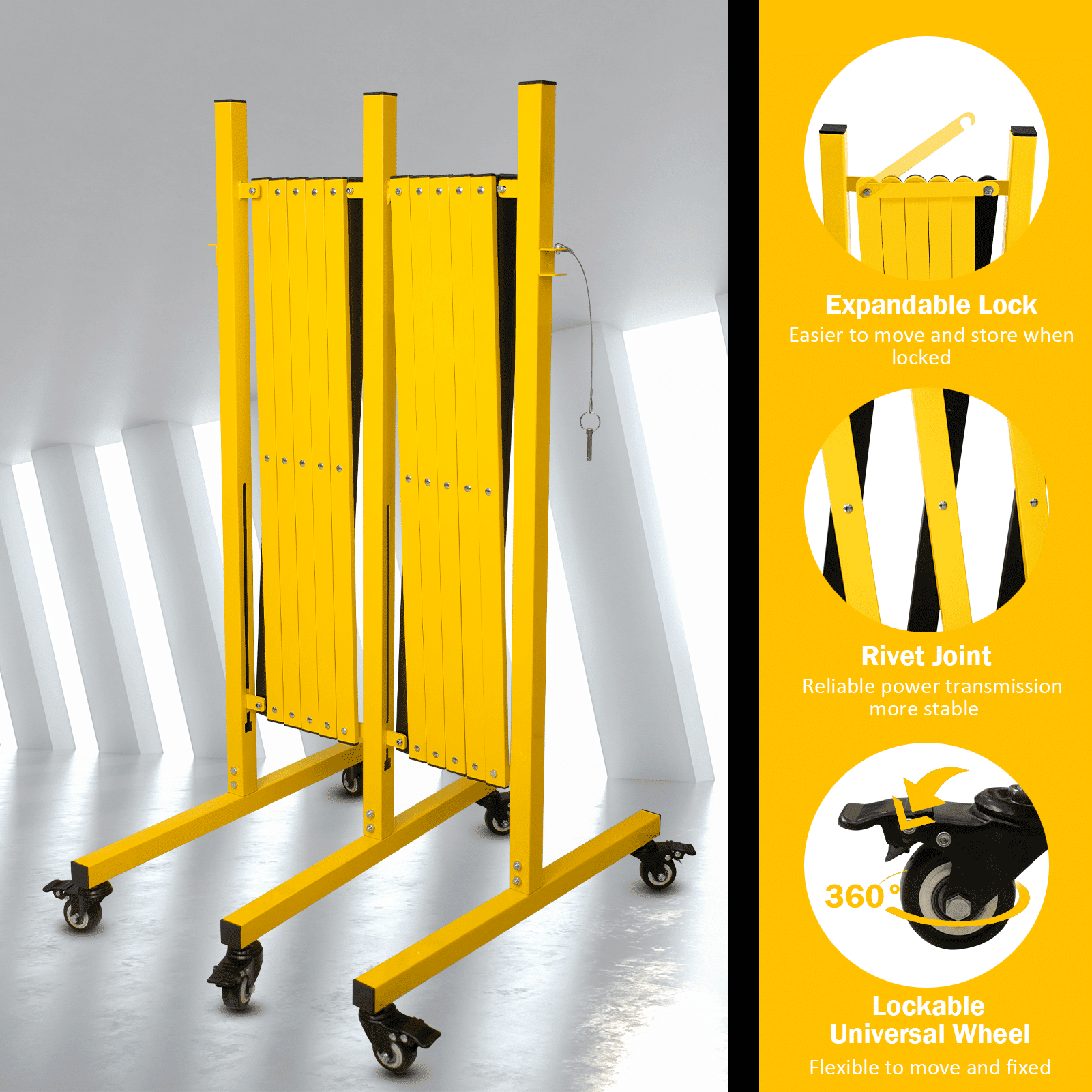 Metal Expandable Barricade,Folding Security Gate Safety Barrier with Casters,Mobile Barrier Gate, Adjustable Traffic Fence for Road Construction, Traffic Control,Cordon,Pool,Yellow Black
