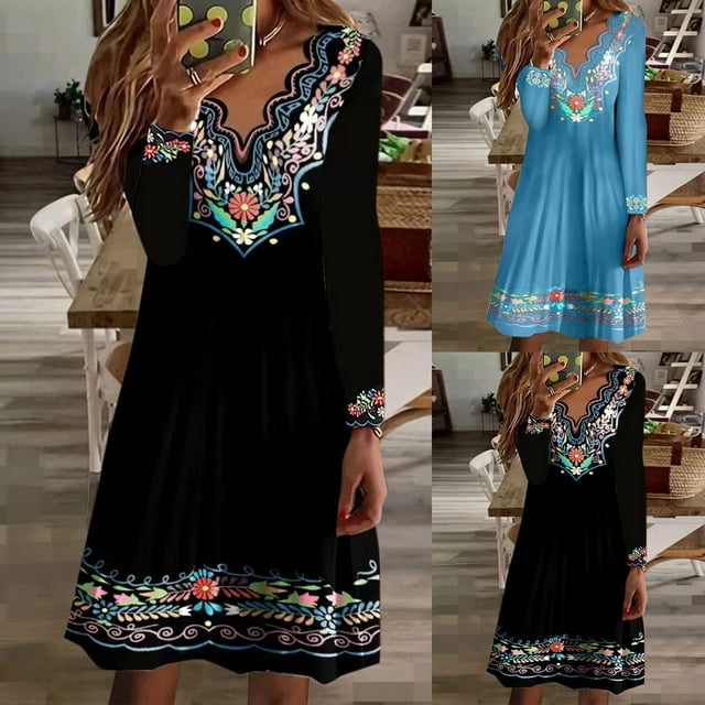 pstuiky Robes d'Été pour Femmes, Mode Femmes Col en V Imprimé Manches Longues Patchwork Décontractée Robe Longueur Genou Tenue de Travail Robes Liquidation