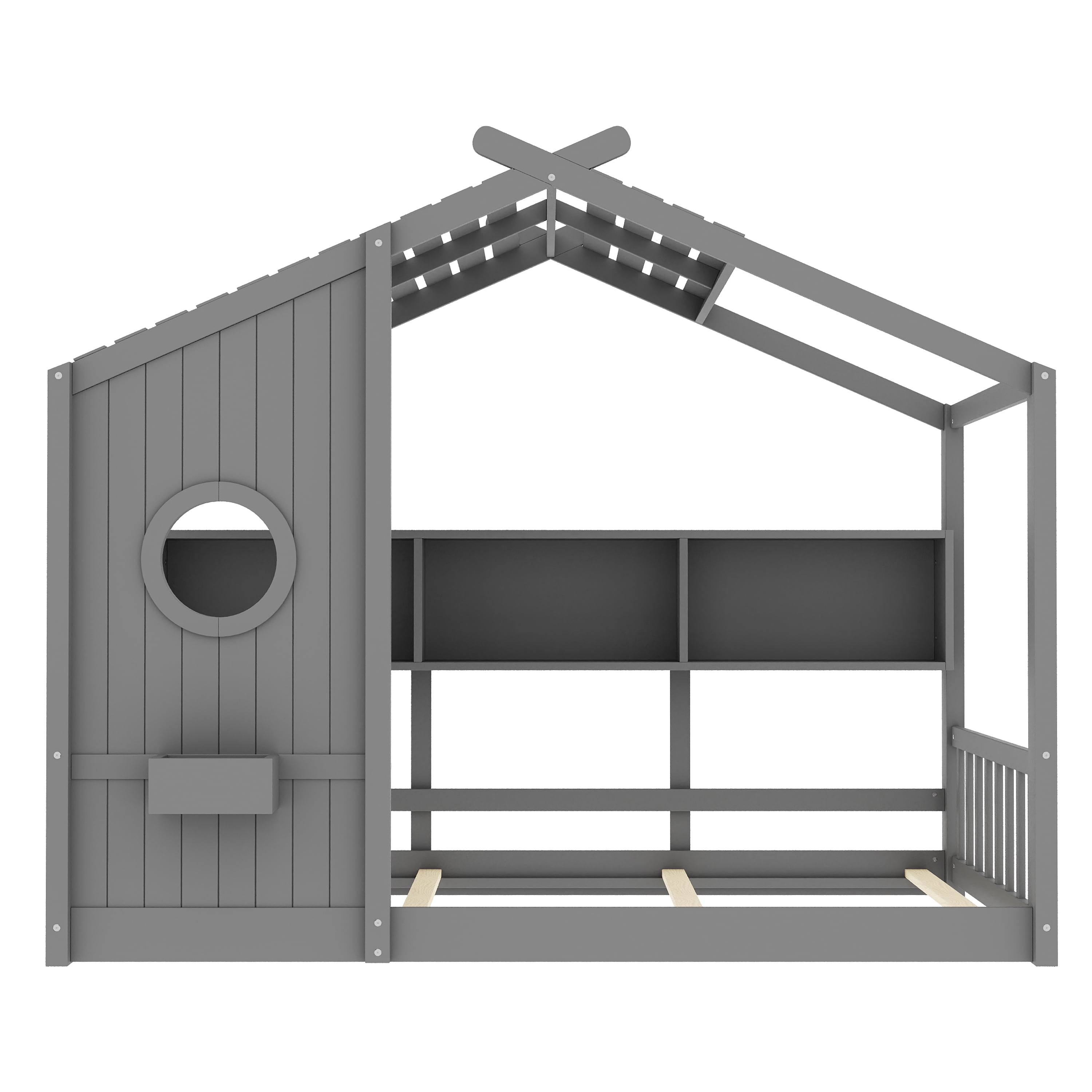 Euroco Wood Twin Size House Bed with Cabinets, Floor Bed with Roof Design and Storage Shelves, White