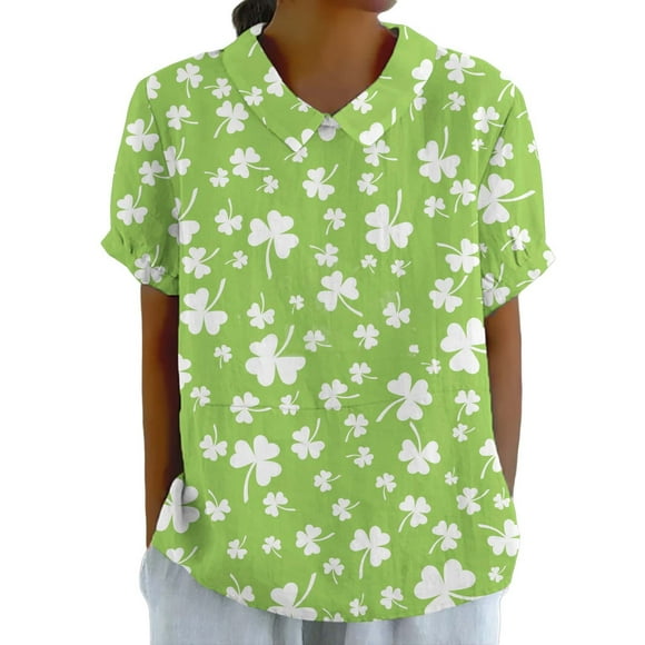 Pxiakgy Hot Sale Women St Patrick's Day Clover Linen Shirt Blessed Lucky Irish Short Sleeve Shirt Shamrock Graphic Tee Tops Women's Summer Collar Printed Loose Casual Top