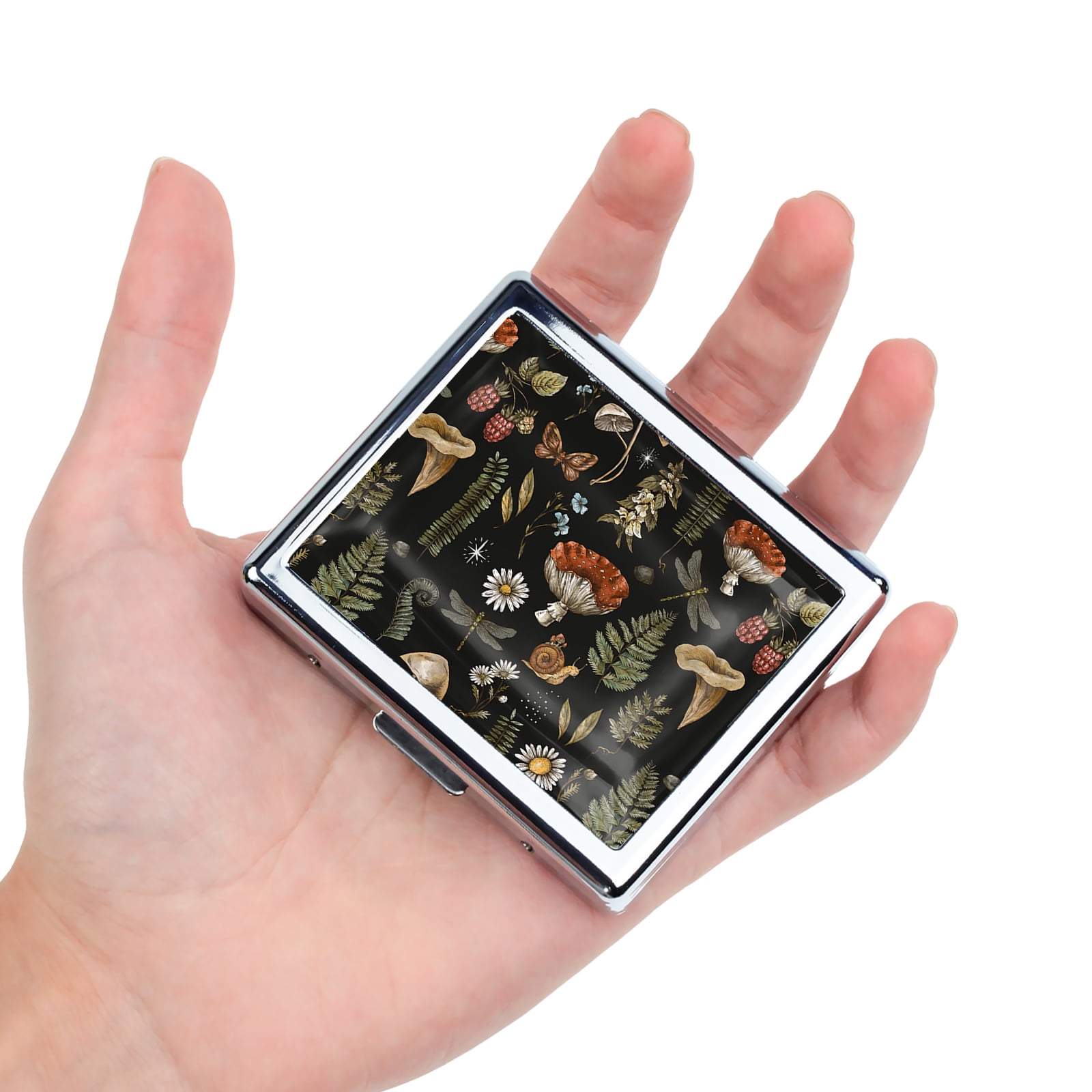 Mushroom illustration 7 Days Chromed Shiny Silver Pill Organizer with Mirror Inside Has 8 Separate Compartments Rectangle Cute Travel Pill Organizer for Purse 7 Days Pill Box Pill Case
