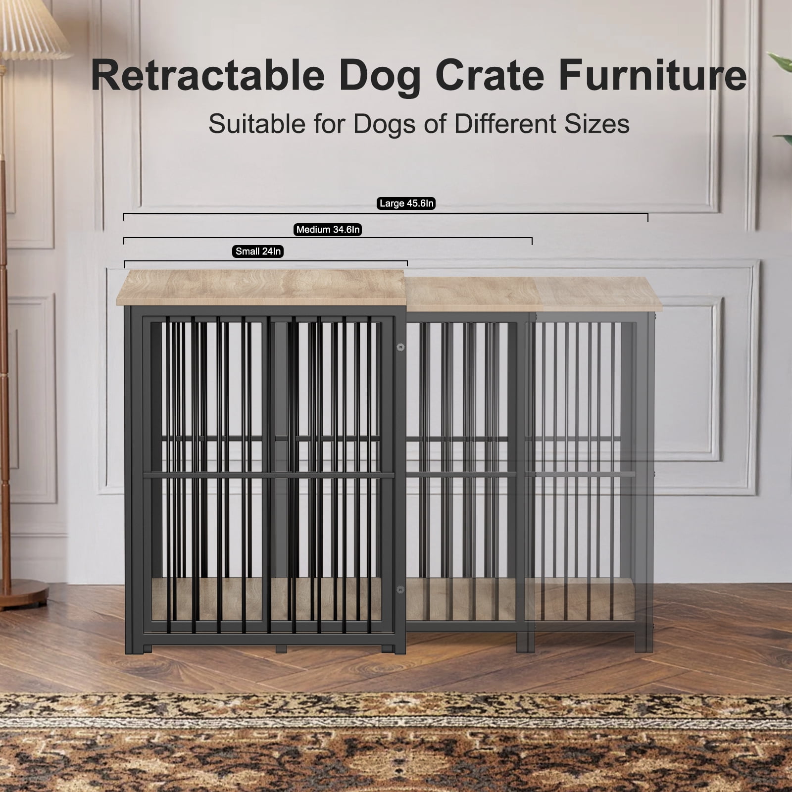 Erinnyees Large Dog Crate Furniture, Retractable Dog Kennel Furniture, Wooden Large Dog Kennel Indoor, Heavy-Duty Dog Cage Furniture with 3 Levels of Adjustable Size,45.6" L