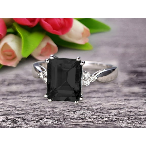 Emerald Cut 1.50 Carat Black Diamond Moissanite Engagement Ring Anniversary Gift On 10k White Gold