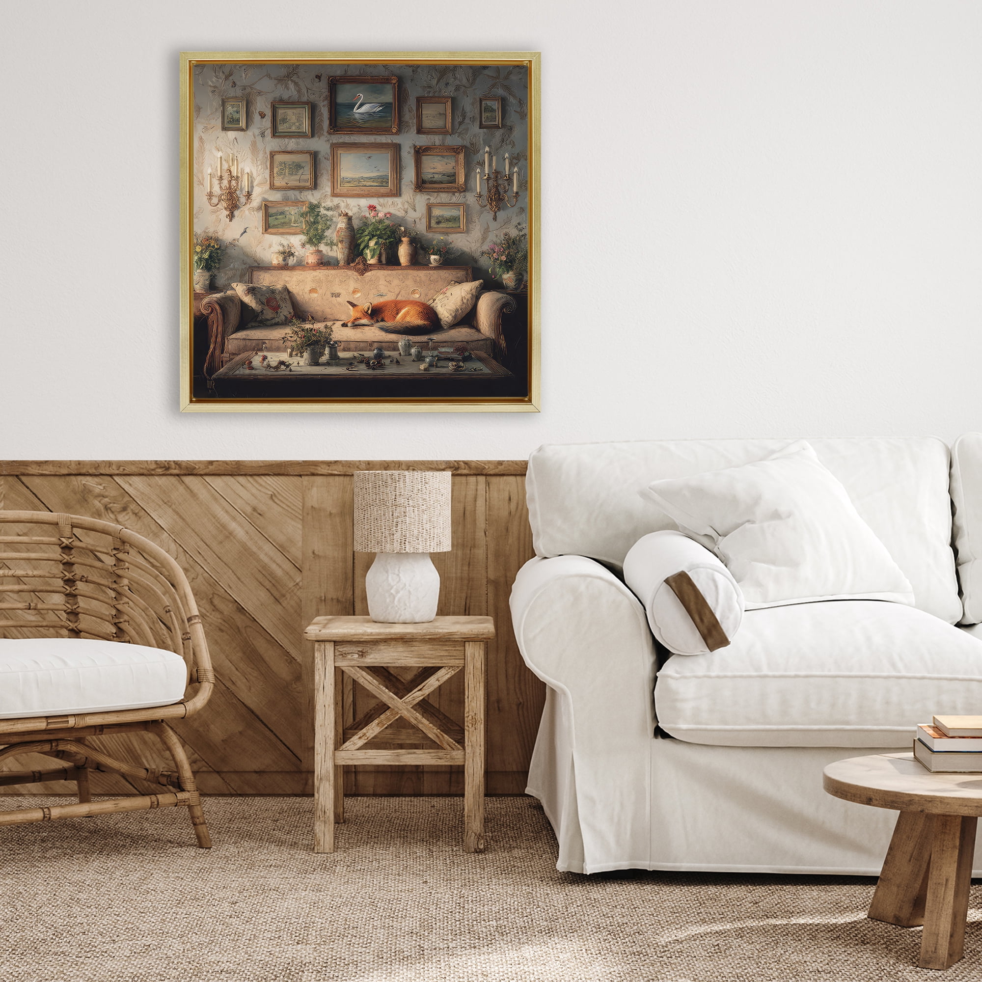 Stupell Industries Vintage Parlor with Fox Gold Framed Floater Canvas Wall Art, design by The Wands Want