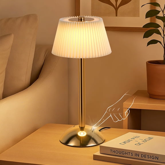 Coliware Portable Cordless Table Lamp, Small Gold Desk Lamp with Scalloped Shade, Rechargeable Battery Powered Lighting for Bedroom Living Room Bar, Modern Dimmable Night Light