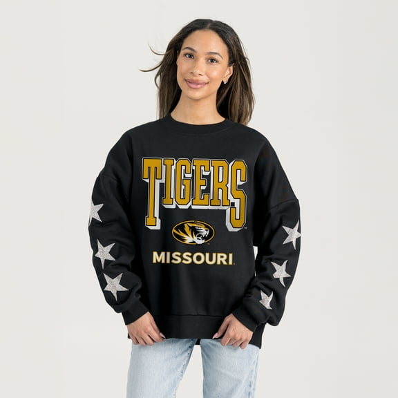 Women's Gameday Couture  Black Missouri Tigers Pure Victory Relaxed Rhinestone Pullover Sweatshirt
