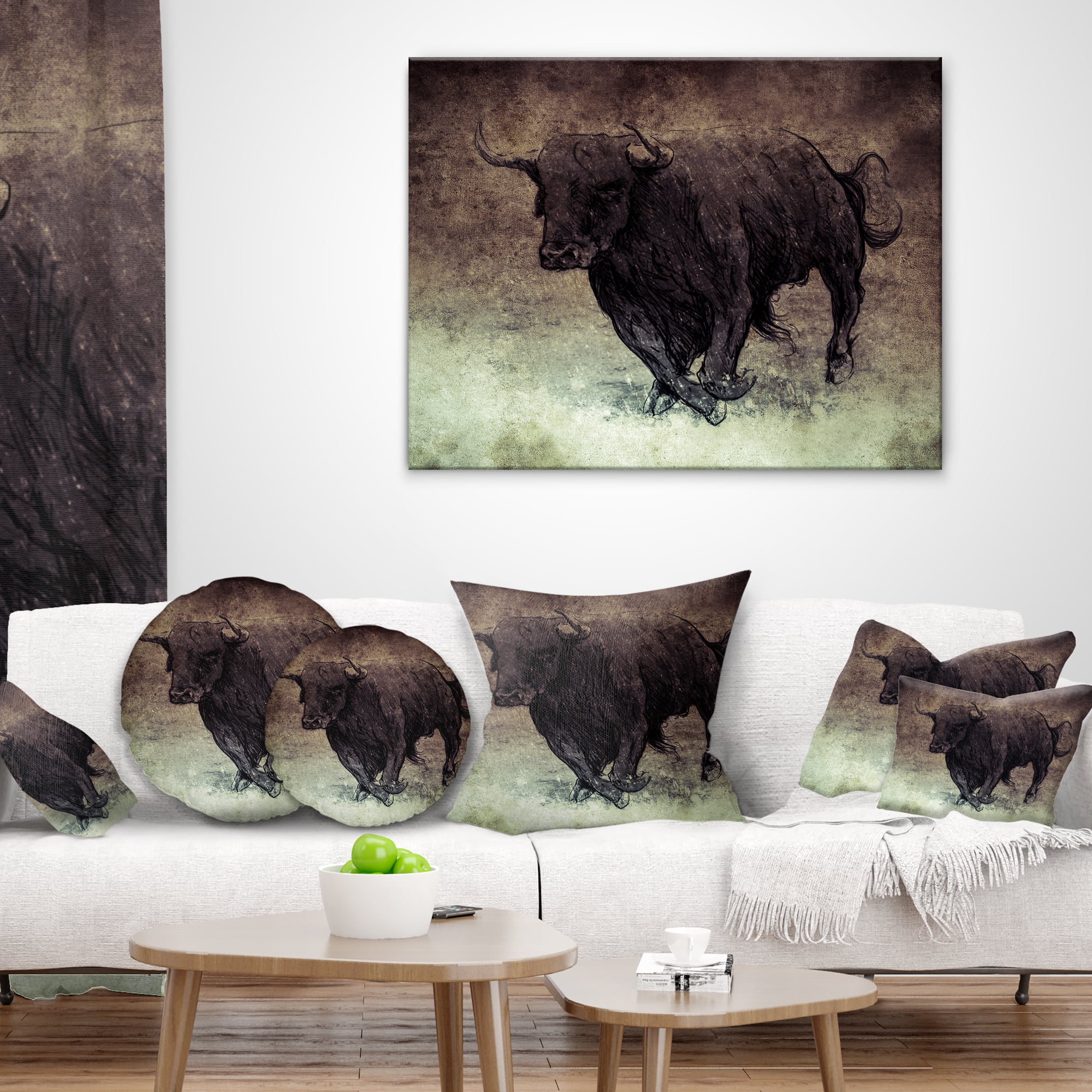 Designart Bull Running on Vintage Paper - Animal Throw Pillow - 16x16
