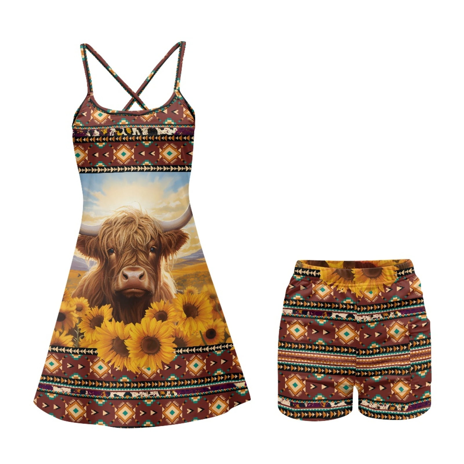 Yuyamidu Highland Cow Women's Summer Tennis Dress Size L Southwest Aztec Spaghetti Strap Backless Workout Golf Dresses Mini Dress with Shorts and Pockets