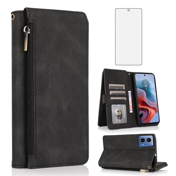 Asuwish Wallet Kickstand Hard Shell Cell Phone Case with Tempered Glass Screen Protector for Motorola Moto G34, Black