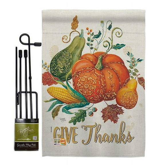 Breeze Decor BD-TG-GS-113072-IP-BO-D-US18-WA 13 x 18.5 in. Suzani Give Thanks Fall Thanksgiving Vertical Double Sided Mini Garden Flag Set with Banner Pole