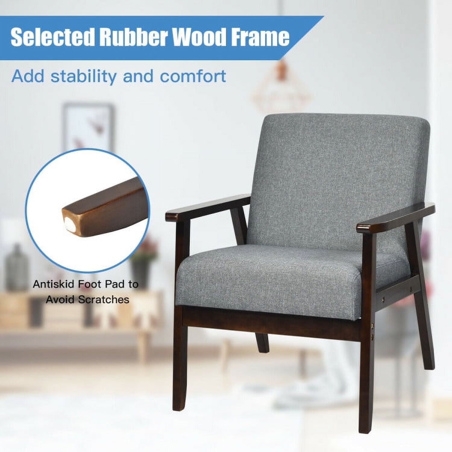 Finihen Mid-Century Modern Accent Chair, Retro Fabric Armchair, Solid Rubber Wood Fabric Accent Armchair, for Living Room, Gray Finihen Mid-Century Modern Accent Chair, Retro Fabric Armchair, Solid Rubber Wood Fabric Accent Armchair, for Living Room, Gray