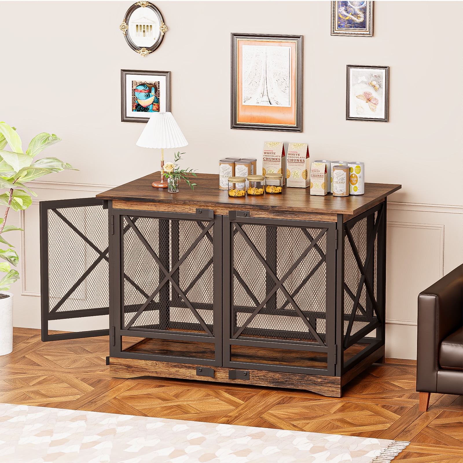 48 inch Extra Large Dog Crate Furniture,Double Door Indoor Kennel,End Side Table Wooden Dog Crates,Anti-Chew Anti-Escape, Wood