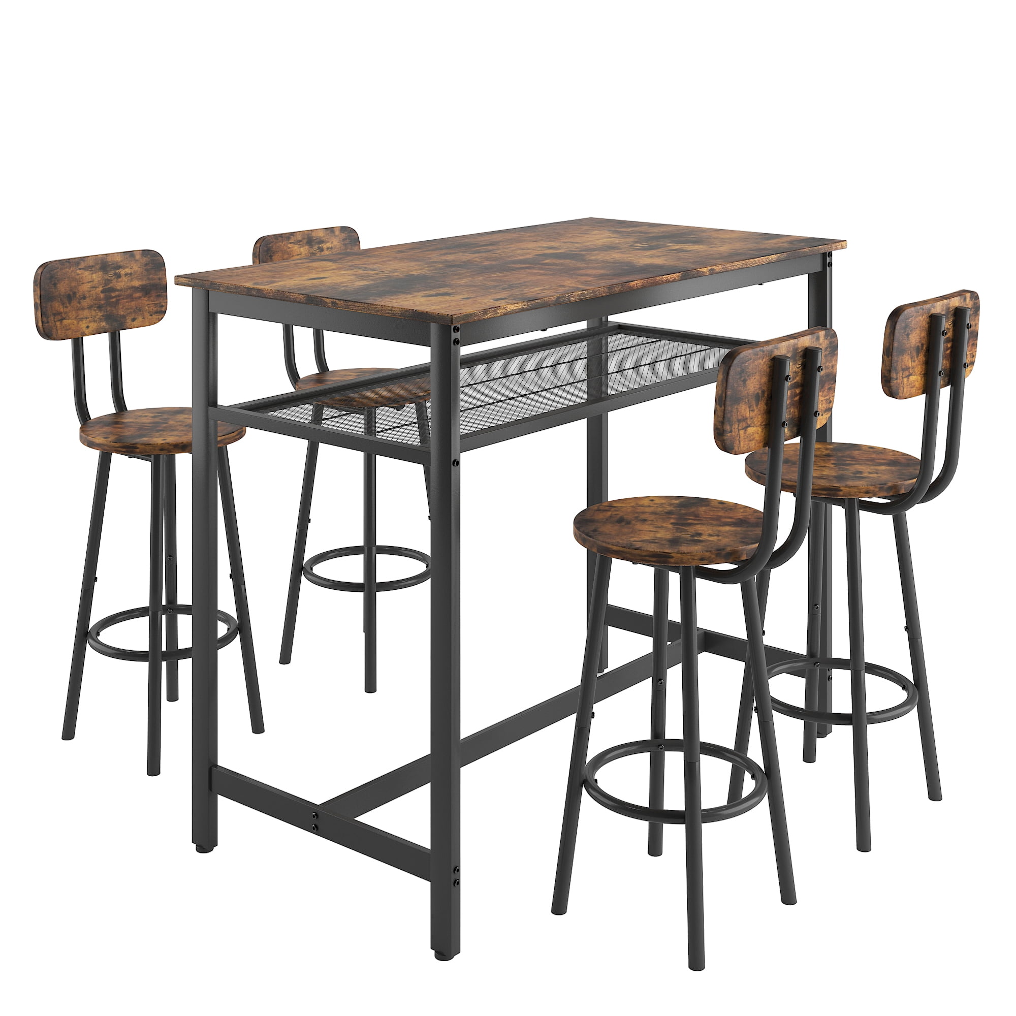 Aukfa 5-Piece Bar Table Set with Metal Shelf, Counter Height Dining Table & 4 Stools, Space-Saving Kitchen Pub Set for Small Spaces, Brown - Industrial Style