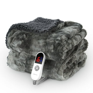 MARNUR Electric Throw Blanket 50" x 60", Soft Faux Fur Heated Blanket with Large LED Display, 6 Heating Levels, 4 Hours Timer , Tie-Dye Gray