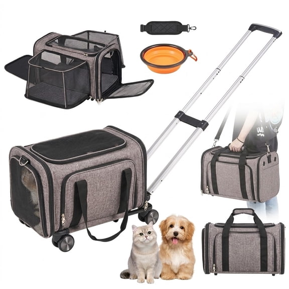 Airline Approved Rolling Pet Carrier with Wheels, Telescopic Handle Cat & Dog Travel Carrier for Pets Under 25 lbs, Grey