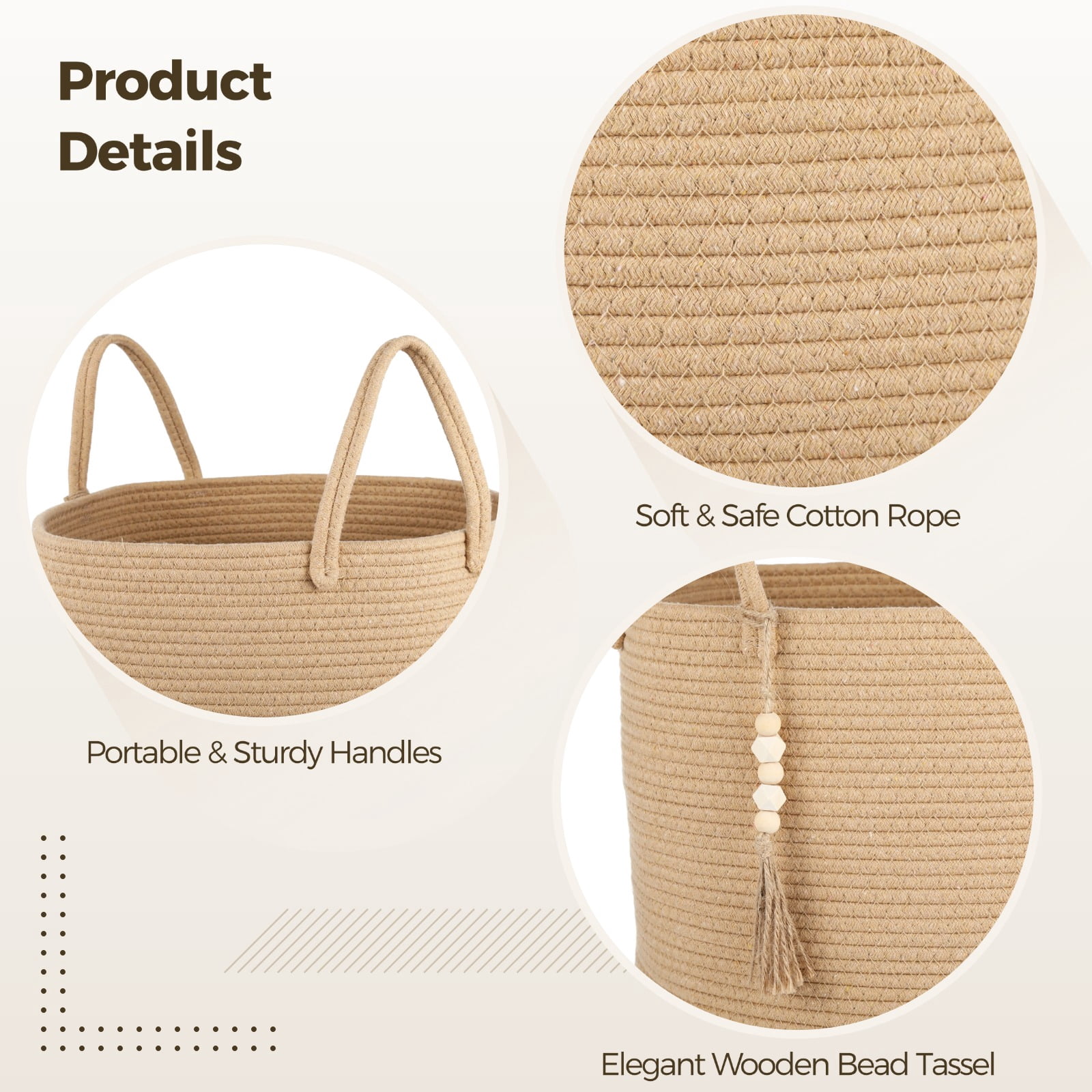 Cotton Rope Laundry Hamper Basket, 58 L Woven Laundry Basket with Handle, 19.7"x 15" Tall Storage Bin with Bead Tassel, Large Clothes Hamper, Toy Blanket Organizer for Living Room, Bedroom