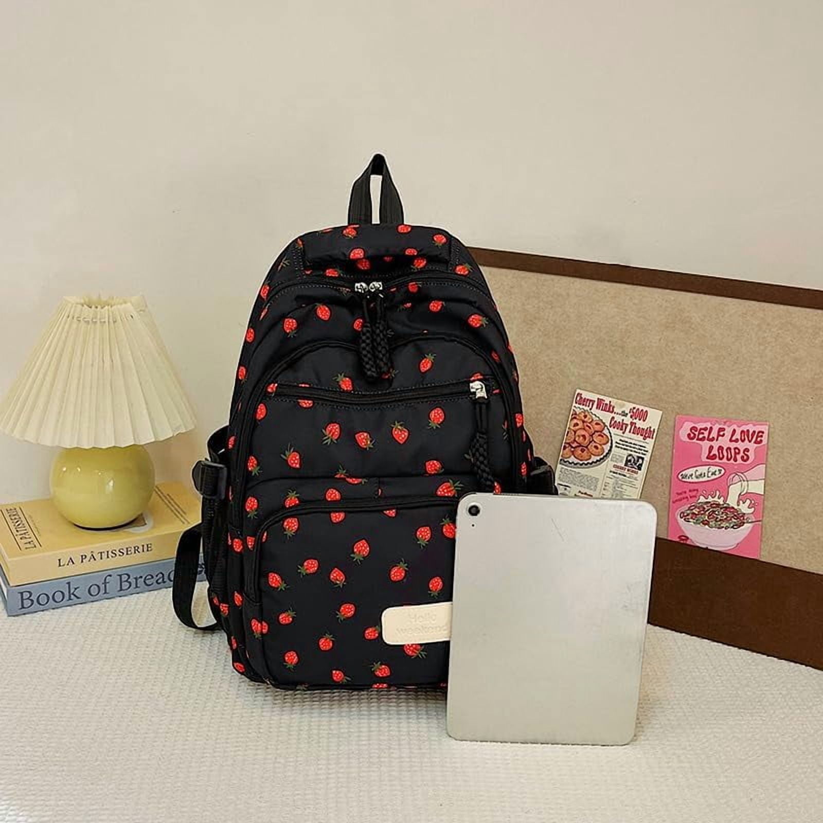 Lohol Coquette Aesthetic Backpack - Cute Kawaii Bow Rucksack for Women, Trendy & Lightweight Nylon Daypack (A02 Strawberry Black)