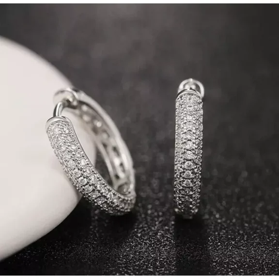 14K White Gold Plated Micro Pave Cubic Zirconia Men Women Huggie Hoop Earrings