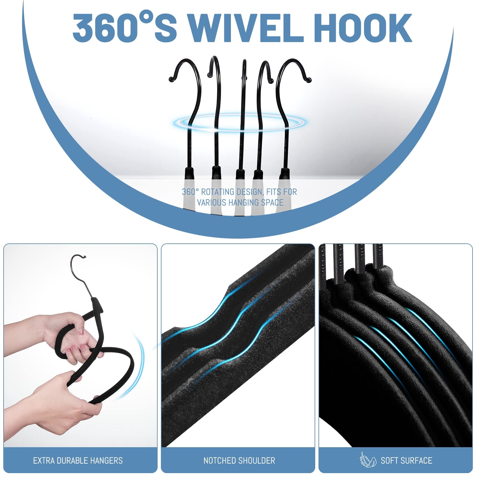 House Day Non-Slip Velvet Coat, Dress, Jacket Clothes Hangers, Black 60 Pack