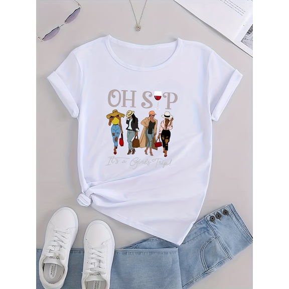 Fashion Women Figure Graphic Casual Sports T-shirts, Round Neck Short Sleeve Tops For Women, Women's Tops