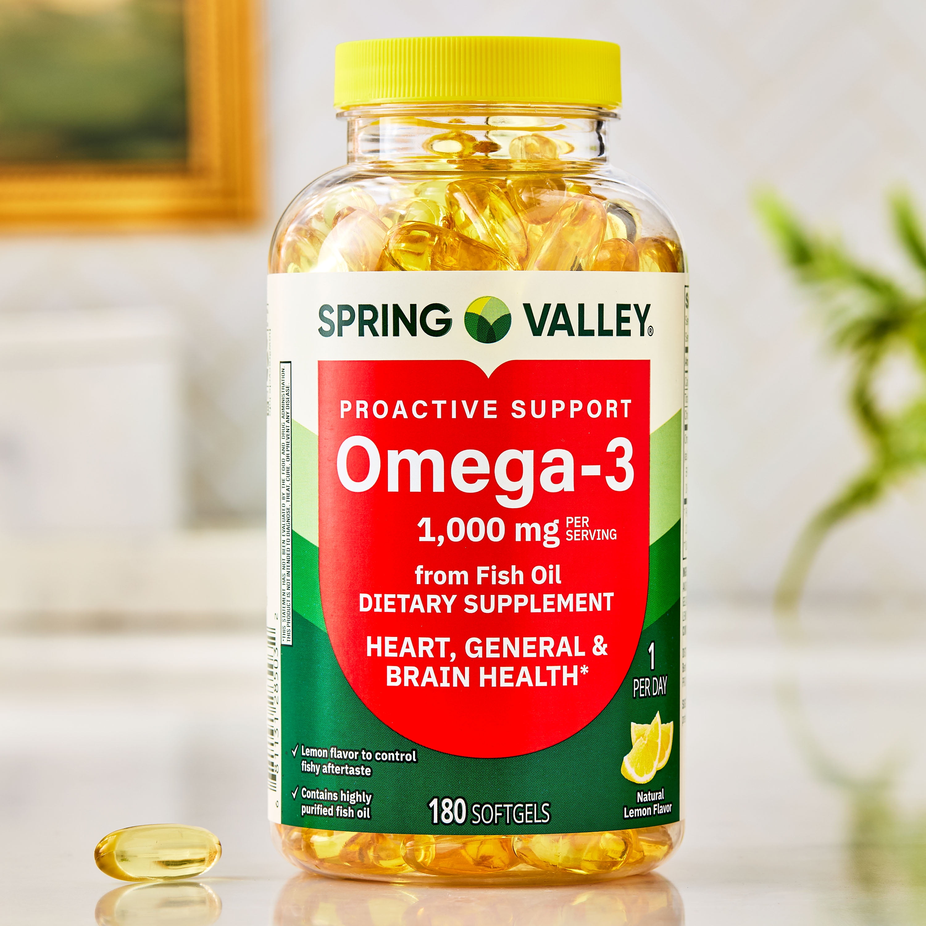 Spring Valley Proactive Support Omega-3 Fish Oil Dietary Supplement Softgels for Heart/General/Brain Health, 1000 mg, 180 Count