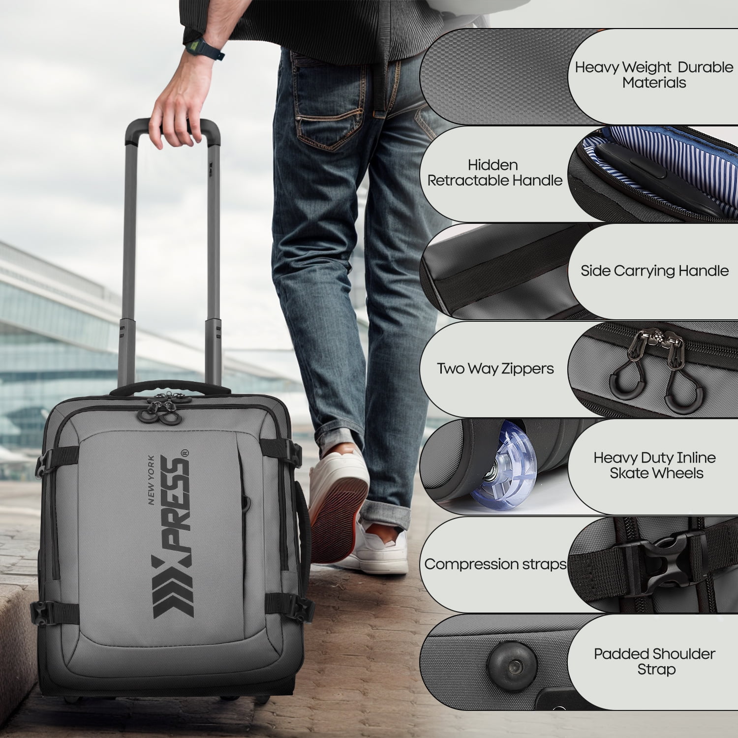 17" Underseat Carry On Luggage Airplane Approved,Water Resistant Softside Rolling Suitcase Lightweight Personal Item Travel Bag,Gray - TA069