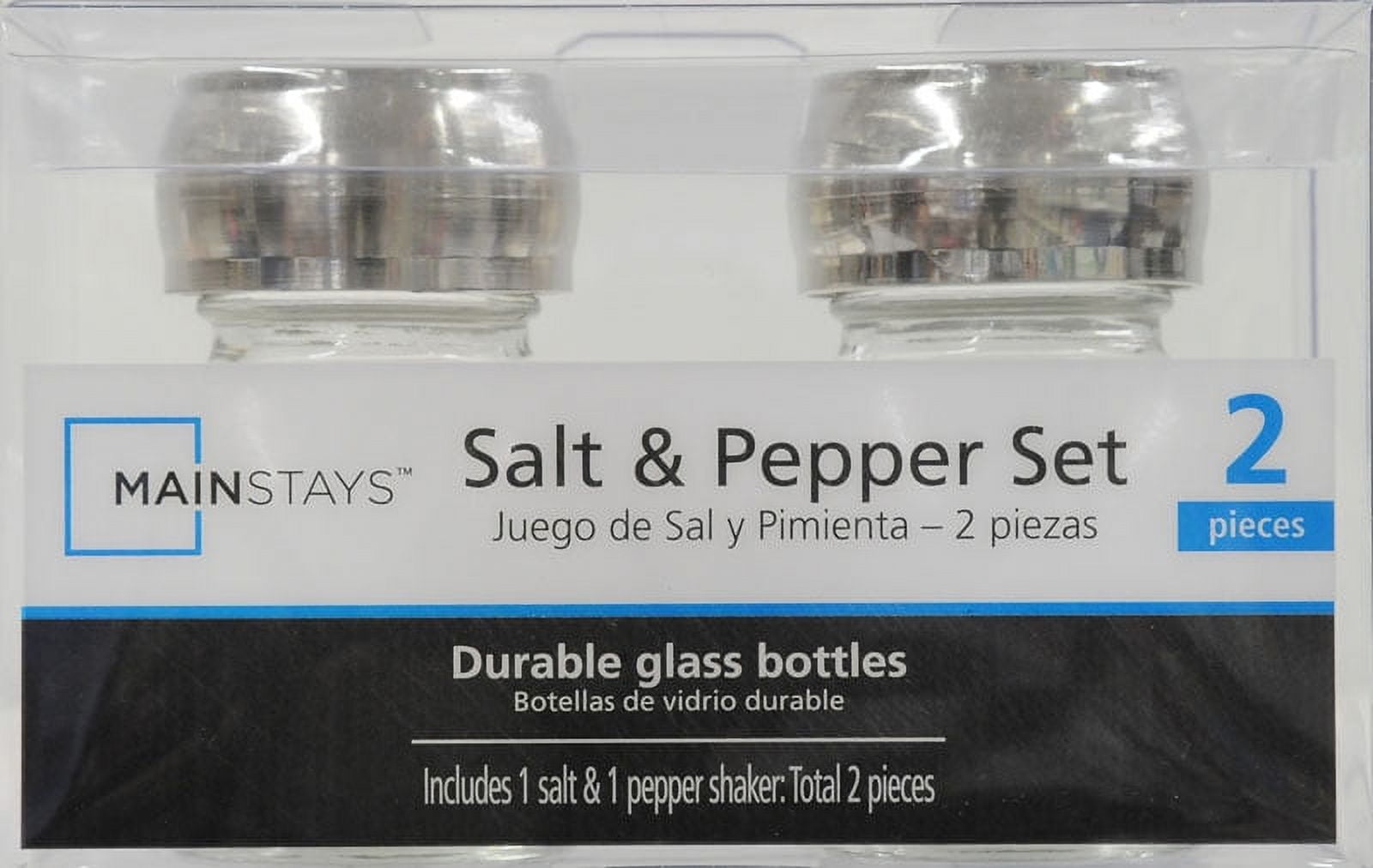 Mainstays Orbit Salt and Pepper Shaker Set, Clear Glass Seasoning Shakers with Chrome Lid for Kitchen Table, Dining and Cooking, 2-Pack