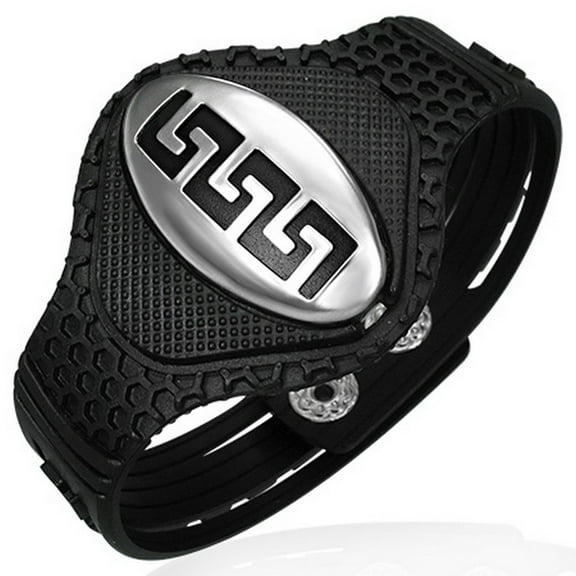 Black Rubber Silicone Snap Bracelet Stainless Steel Greek Key Mens Bracelet