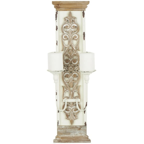 DecMode 2 Holder Brown Wood Scroll Pillar Wall Sconce