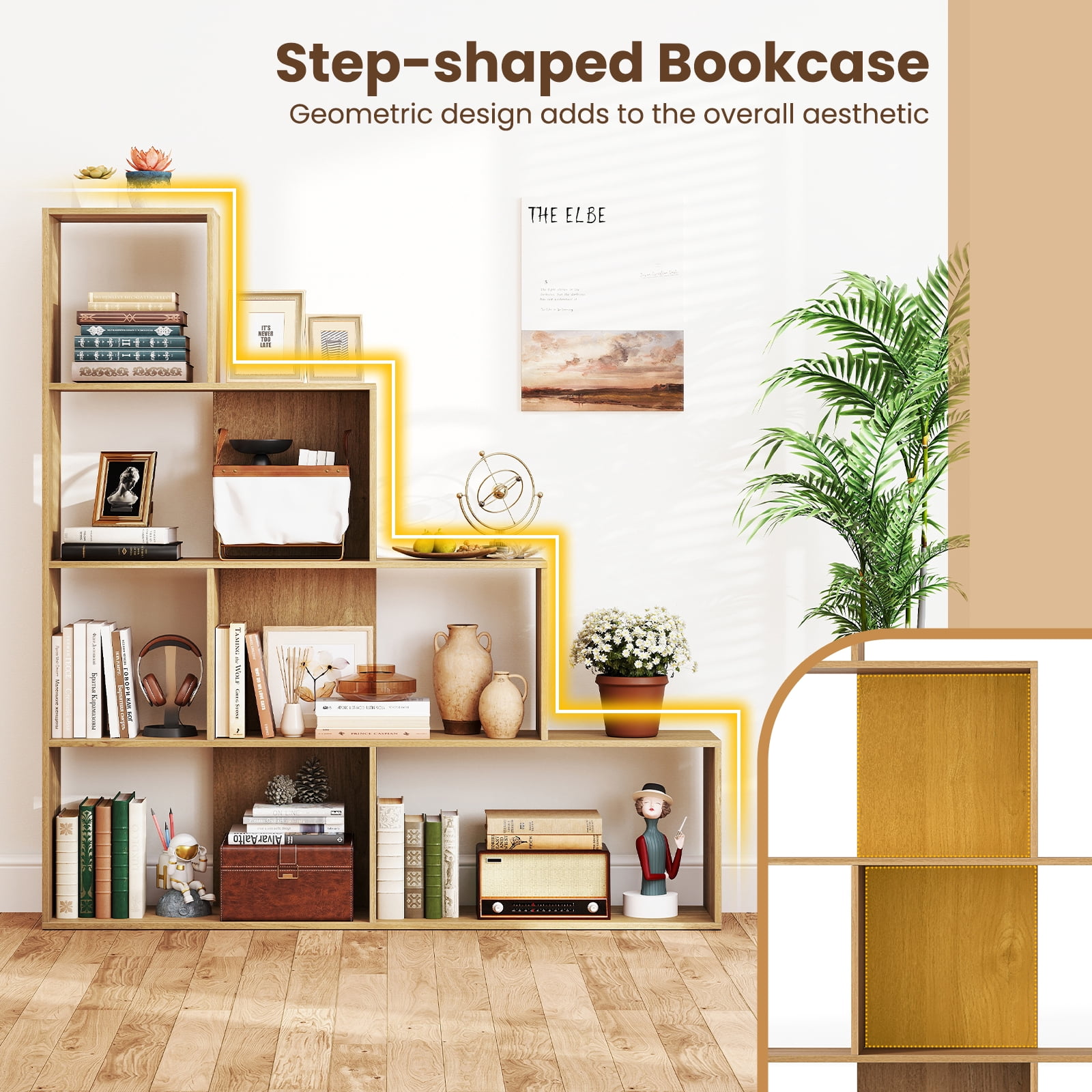 Giantex 4-Tier Stepped Bookshelf, Freestanding Ladder Storage Shelf w/ 6 Cubes, Modern Display Rack, Natural