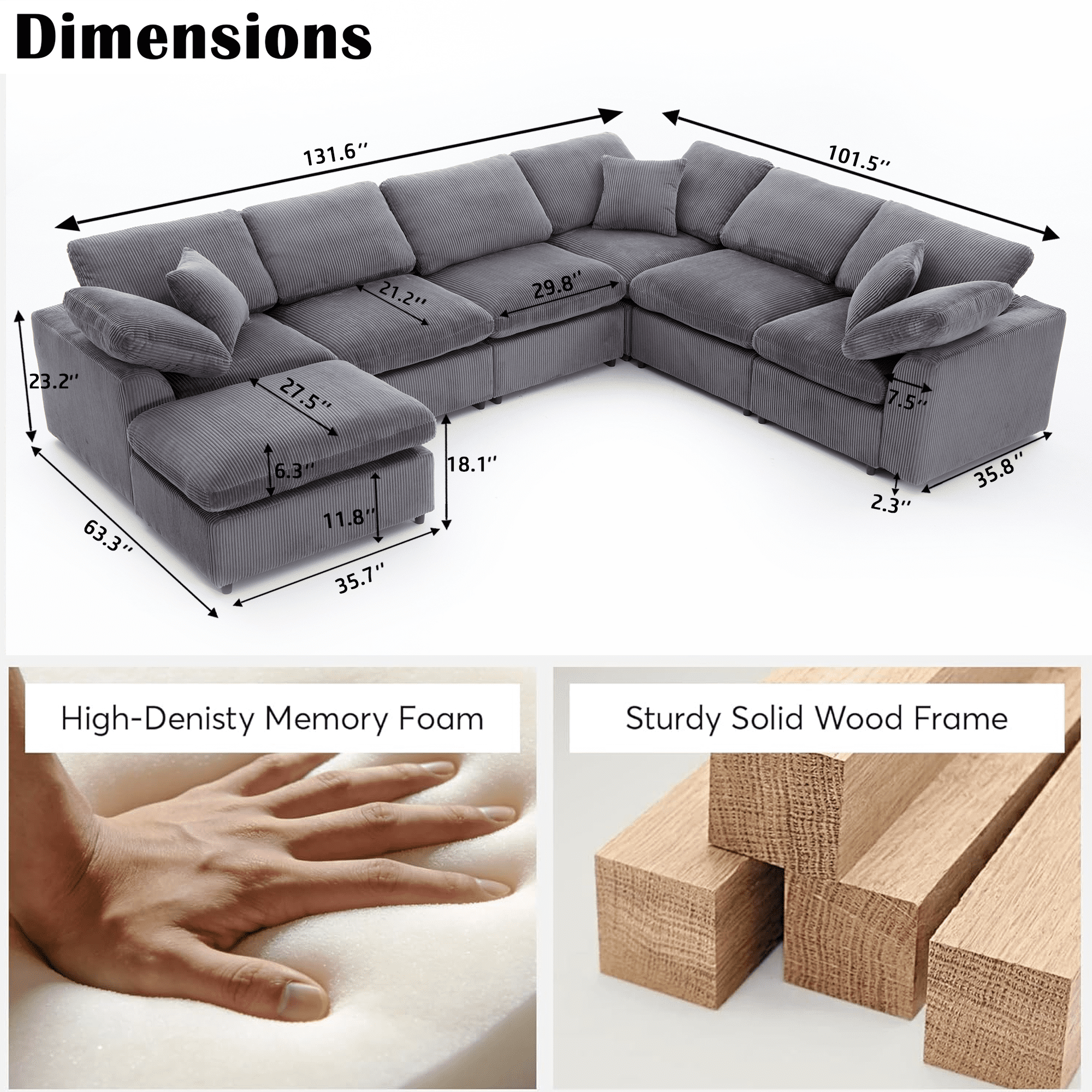 BINBANK Oversized 7-Seater Modular Sectional Sofa with Solid Wood Frame, Corduroy L-Shaped Sectional Couch with Movable Ottoman  Gray